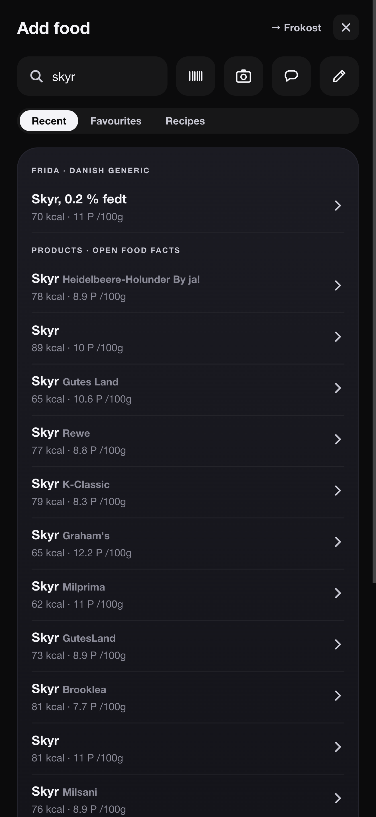 Add food: search, barcode, camera, describe and manual entry, with Frida and Open Food Facts results for skyr.