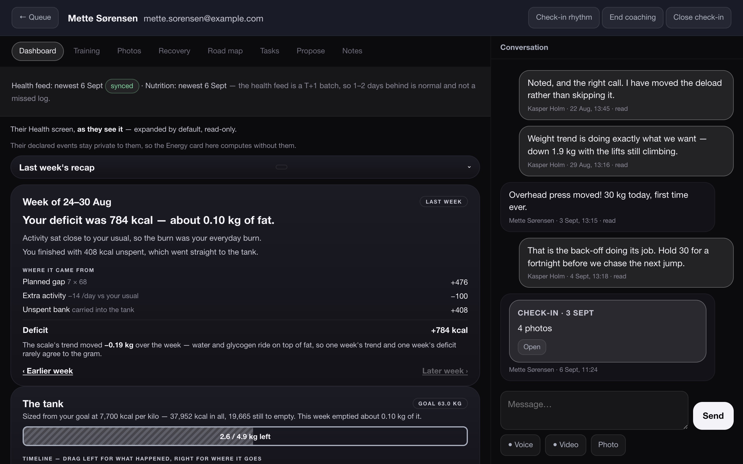 The same conversation on the coach's side, beside the client's Health screen.