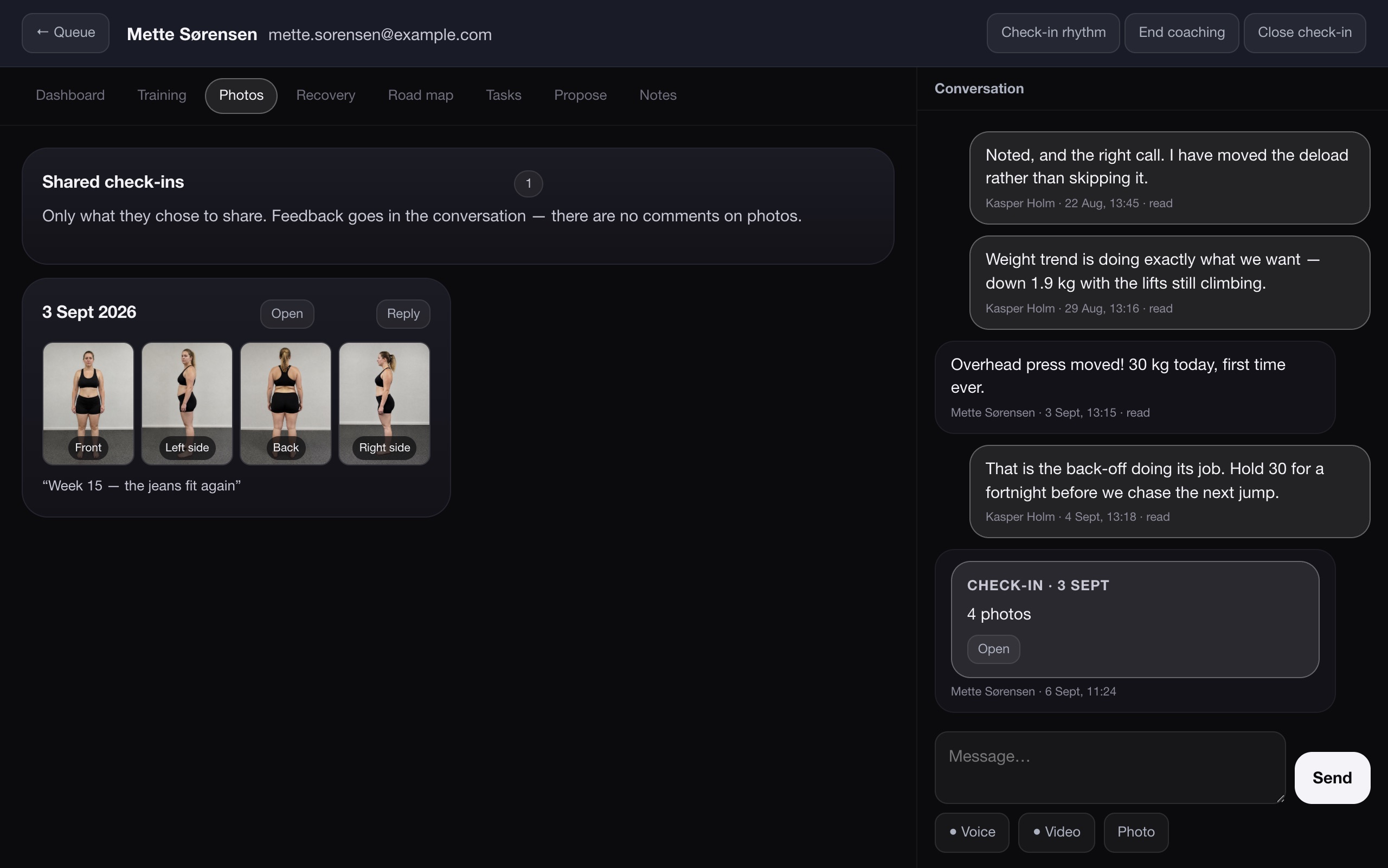 The Photos tab: a shared check-in with four poses, and the check-in card in the conversation.